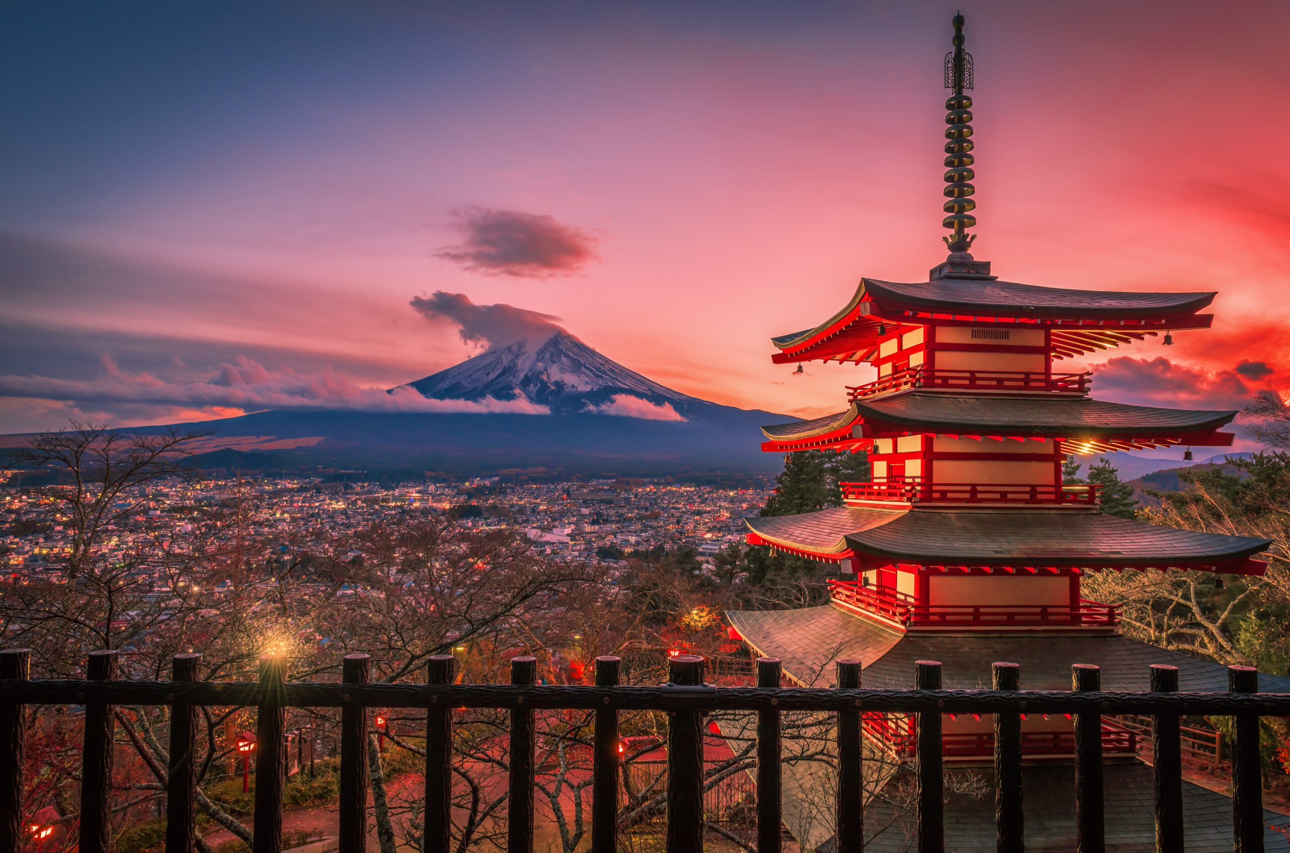 Chureito pagoda and Mountain Fuji at night