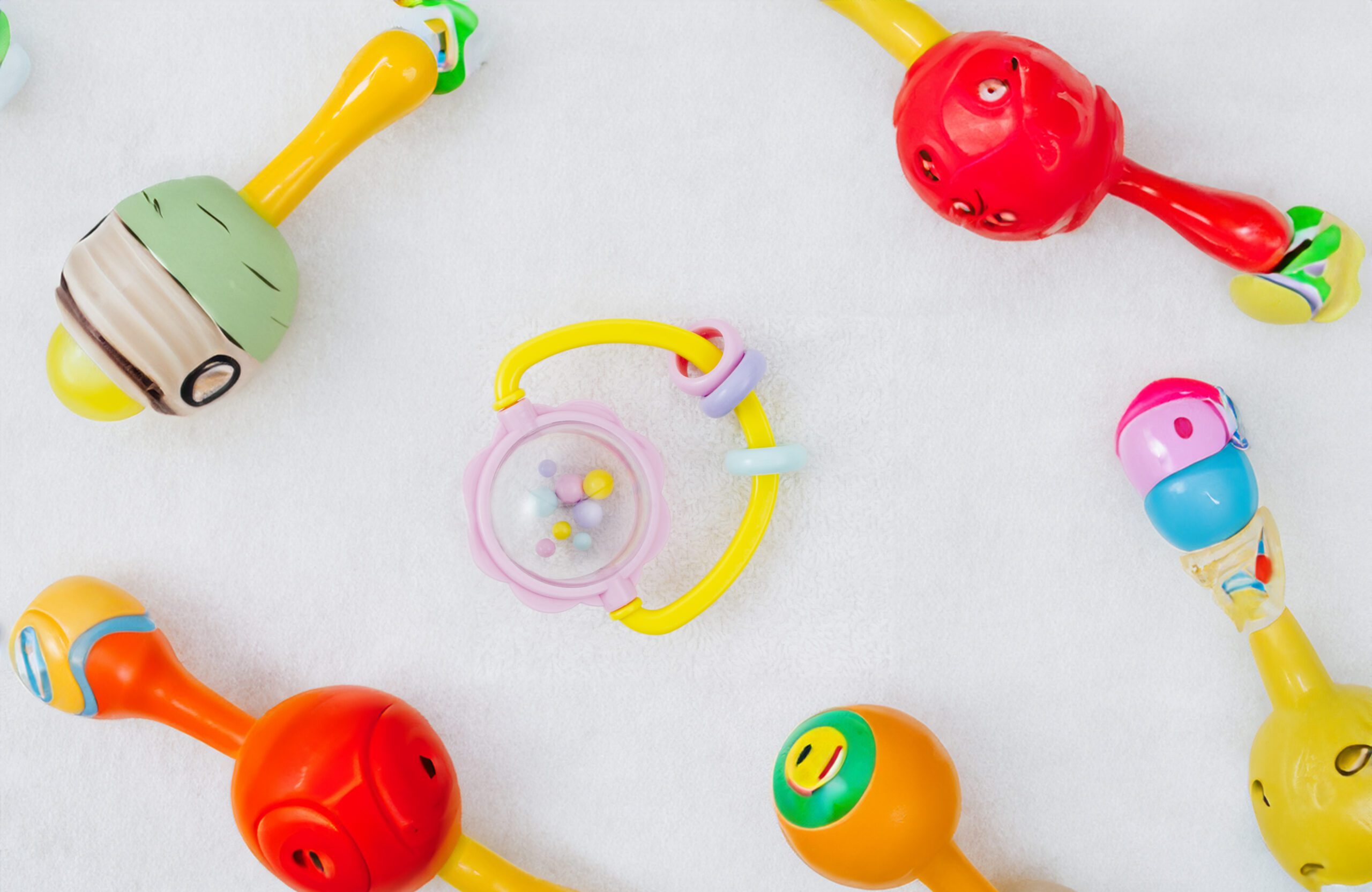 Baby rattles on a light background