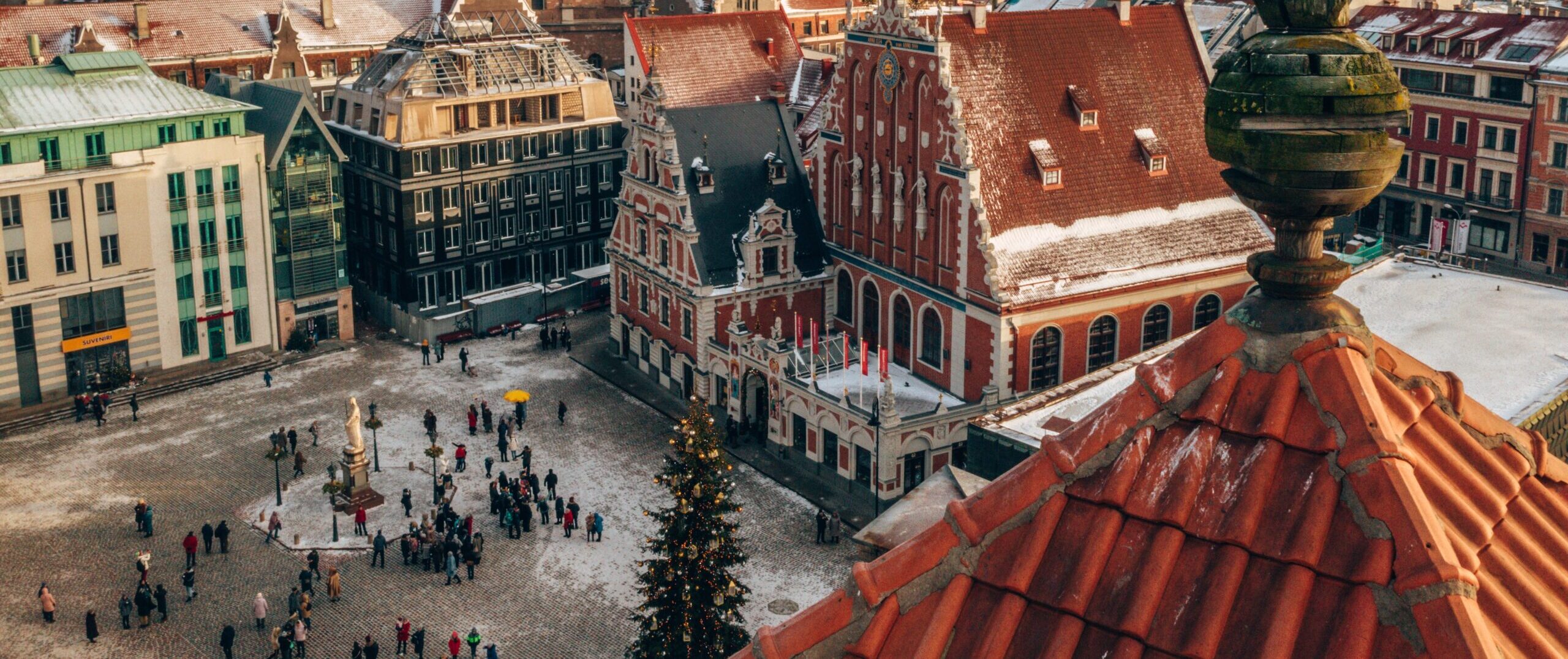The aerial view of the old buildings in Riga, Latvia in winter